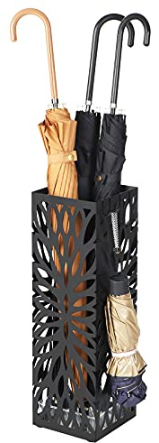 SONGMICS Umbrella Stand, Umbrella Holder for Entryway, Steel Square Umbrella Rack Organizer Freestanding, for Canes Walking Sticks, with a Detachable Drip Tray, 4 Hooks, Black ULUC48B