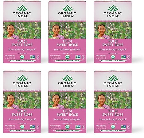 Organic India Tulsi Sweet Rose Herbal Tea - Holy Basil Leaf, African Basil, Chamomilie, Lemon Myrtle, Stress Relieving, Immune Support, USDA Certified Organic, Caffeine-Free - 18 Infusion Bags, 6 Pack