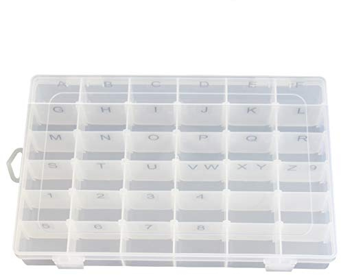 Plastic Organizer Container Box with Adjustable Dividers - 36 Compartments for Letter Board Letters - Stickers Pre Applied to Dividers