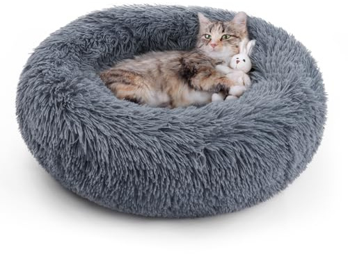 rabbitgoo Cat Beds for Indoor Cats, 20 inches Cat Bed Machine Washable, Fluffy Round Pet Bed Non-Slip, Calming Soft Plush Donut Cuddler Cushion Self Warming for Small Dogs Kittens, Dark Grey, Medium