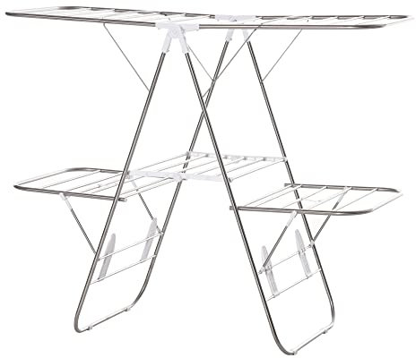 HOMCOM Wäscheständer Standtrockner faltbar 3-stufiger Flügelwäschetrockner Trockengestell Trockenständer Edelstahl Kunststoff Silber Weiß 138 x 60,5 x 112 cm