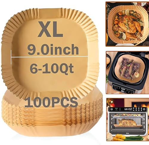 Ailifeer Air Fryer Disposable Paper Liner, Natural Baking Parchment Paper Air fryer liners,Thickened Oil-Proof High Temperature,for Air Fryers,Ovens,Pan and Microwaves (9inch-XL-Thick, square-Brown)