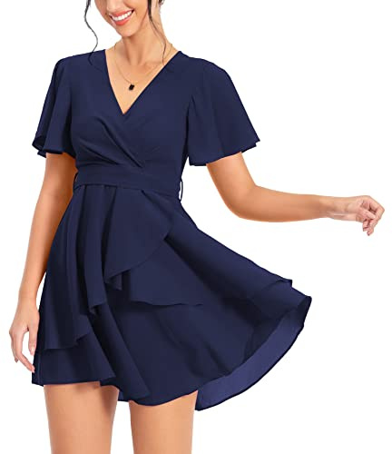 PCEAIIH Women's Cocktail Dresses Short Sleeve Empire Skater Dress Deep V-Neck Waist Tie Ruffle Mini Swing Dresses L Navy