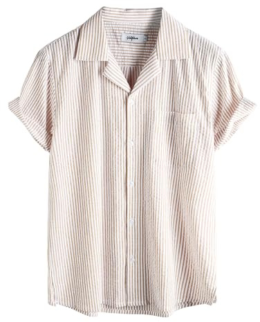 VATPAVE Mens Striped Summer Shirt Casual Button Down Short Sleeve Beach Shirts Cotton Shirts for Men X-Large Khaki