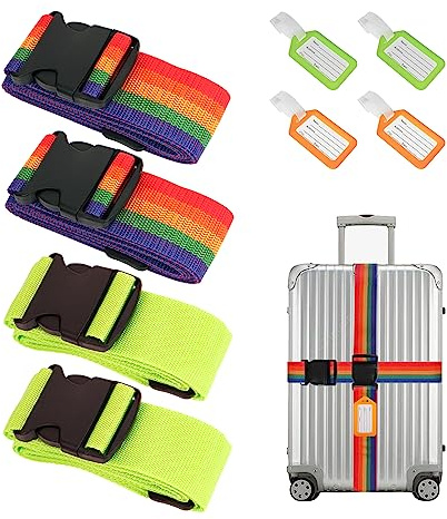 Bigqin Lot de 4 Sangles de Bagage Antidérapantes et Réglables avec 4 étiquettes de Bagage, Sangle pour Valise réglables pour Valise Boucle,Attrayantes et Sécurisées - Vert Fluo et Colorées