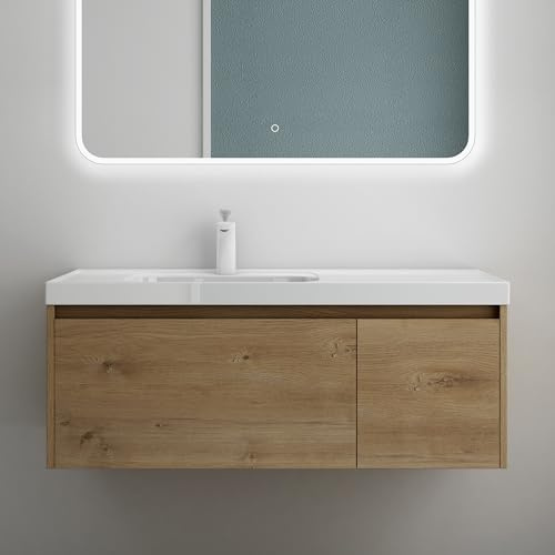 Mai & Mai Meuble Salle de Bain Marron Clair Ensemble de 2 Pièces 100cm | Ensemble de Meubles, Lavabo Inclus, Meuble sous Lavabo Suspendu avec Tiroir, 100x50x40cm, Salerno