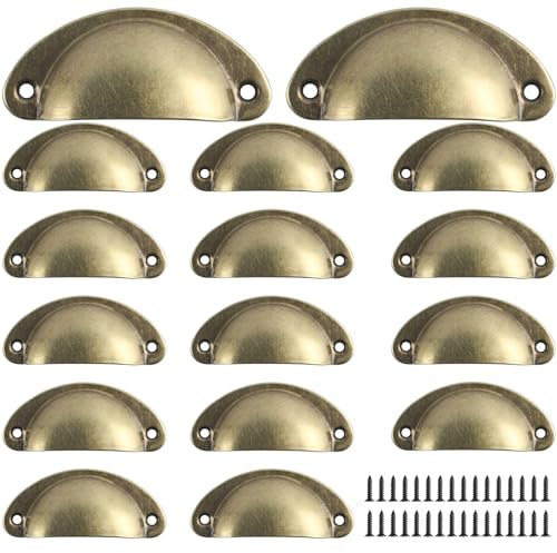 Yibaijia 16 Pcs Shell Cup Handles, Vintage Drawer Pull Handles, Semi Circle Retro Kitchen Cupboard Door Handle and Knobs, Furniture Cabinet Dresser Door Knobs with Screws-Retro Yellow