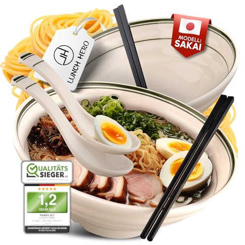 LunchHero® Ramen Schüssel Set - Ramen Bowl Schüssel 1000ml aus Melamin - Ramen Set Geschirr mit großer Suppenschüssel - Japanisches Geschirr Set - Ramen Schale Set mit Rezepte eBook - 2er Set