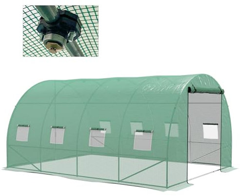 Outsunny Serre de Jardin Tunnel 12 m² Serre à tomates avec système d'arrosage intégré 3L x 2l x 2H m Acier renforcé + PE Haute densité 140 g/m² 8 fenêtres Porte Enroulable Vert