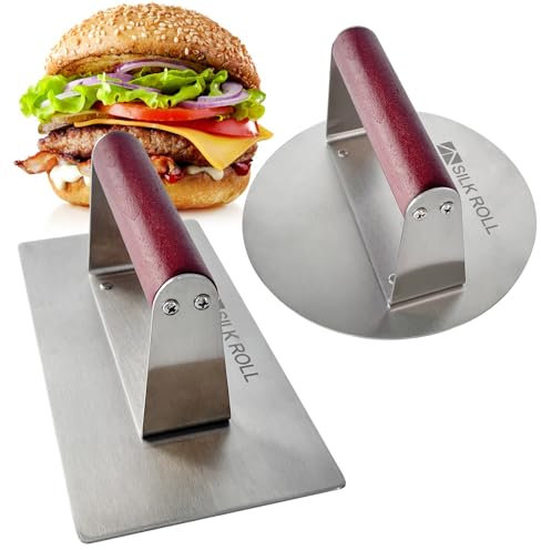 SILK ROLL Stainless Steel Burger Press, Hamburger Press, Heavy Duty Meat Press, 8 Inch Bacon Press & 6.3 Inch Round Burger Smasher with Wood Handle, Grill Press for Smashburger, BBQ Bacon Up, Beef