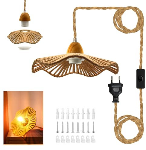 Modern Industrielle Pendelleuchte Kit mit Schalter, Vintage Gewebter Lampenschirm mit Hanfseil,E27 Retro Lampenfassung mit Kabel 16.7ft,Hanfseil Hängelampe mit stecker,für Bauernhaus,Ohne Glühbirne
