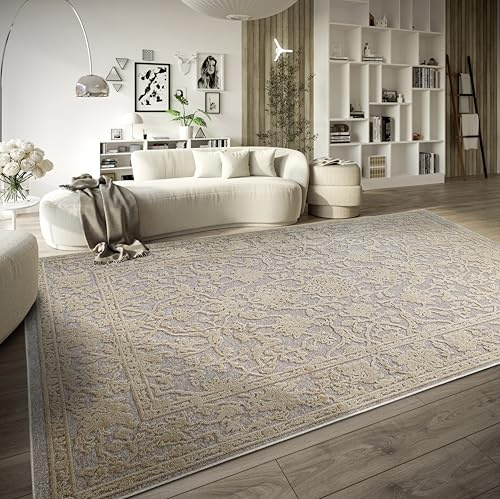Villeroy & Boch Kurzflor Teppich Ambroise – Moderner Wohnzimmerteppich, Hoch-Tief Effekt, Modernes Muster für Wohnzimmer, Schlafzimmer, Esszimmer – Natur Grau Beige, 160x230cm