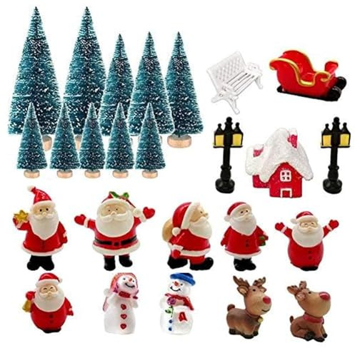 RANJIMA Set di 25 decorazioni natalizie in miniatura, piccole figure natalizie, mini statuette in resina Xmas stile albero di Natale, pupazzo di neve, Babbo Natale, per la casa, il giardino, le feste,