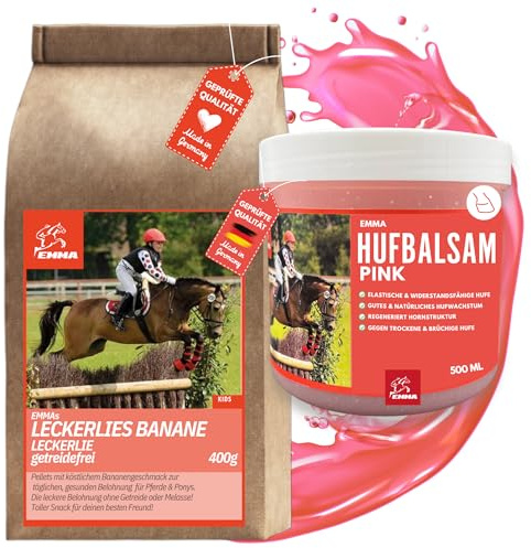 EMMA Hufpflege Set Pferde – Hoof Balm pink + Banane Leckerlis I Huffett & Hufbalsam gegen trockene Hufe & Strahlfäule I Pferde Mädchen Geschenk I Pferdezubehör für Pony – Leckerli + Hufgel