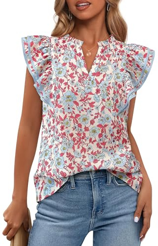 BTFBM Womens Tops Dressy Casual 2026 Spring Summer Shirts Boho Floral V Neck Ruffle Cap Sleeve Business Work Blouses(Floral Beige Multi, Small)