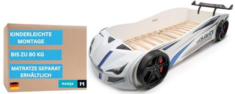 MARQA Kinderbett 90x200 | Autobett Rennwagen Polizeiauto für Kinder | Bodenbett mit Rollrost, stabiles Kinderbett, leicht montierbar, inkl. Aufbauanleitung(ohne Matratze)