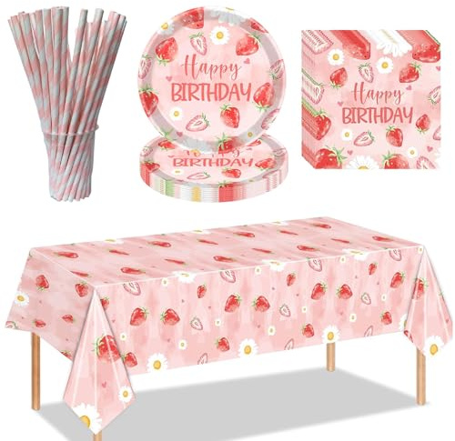 53 Pcs Strawberry Decorations pink party tableware, pink paper plates, Strawberry Birthday Decorations for Birthday Summer Fruit Party 1st Party with Supplies Paper Plate Napkin Tablecloth Straw