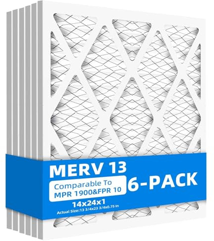 Chenzhit (6 Pack) 14x24x1 Air Filters, MPR 1900 & FPR 10, MERV 13 Pleated Air Filter (Actual Size: 13.75 x 23.75 x 0.75)