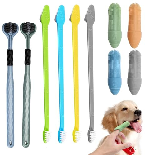 XRVRILE Spazzolino per Cani Set 10 Pezzi, 4 Spazzole da Dito Silicone, 2 Spazzolino 3 Lati, 4 Spazzolini Doppia Testa per Cani e Gatti, Pulizia Denti E Anti-Alito