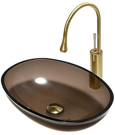 Lavabo de Vidrio Templado Transparente con Grifo de Latón Macizo, Lavamanos Moderno de Encimera para Cualquier Baño(Brown)