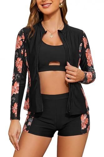 SHEKINI Rash Guard Set 3 Pièces Femme Rashguard à Manches Longues Maillot de Bain avec Zippé+Brassiere+Shorts de Sport pour Surf Séchage Rapide