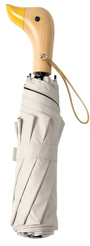 Travebo Travel Folding Umbrella with Cute Wooden Duck Handle for Women/Kids,Teflon Coating,Rain/Sun, UPF 50+ UV Protection,8 Ribs,Compact/Lightweight Portable,Backpack/Car