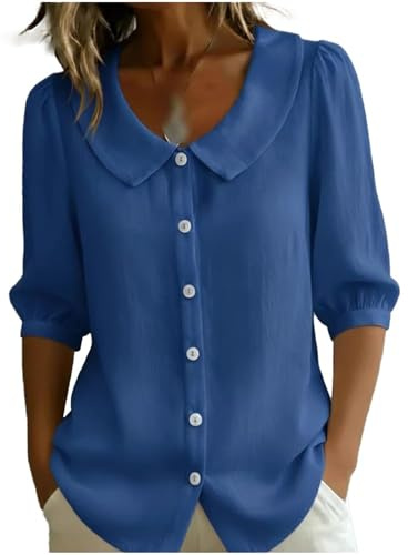Camisa Retro Abotonada con Cuello Peter Pan | Blusa Casual de Corte Holgado para Primavera y Verano | Estilo Vintage para el Trabajo y el Ocio