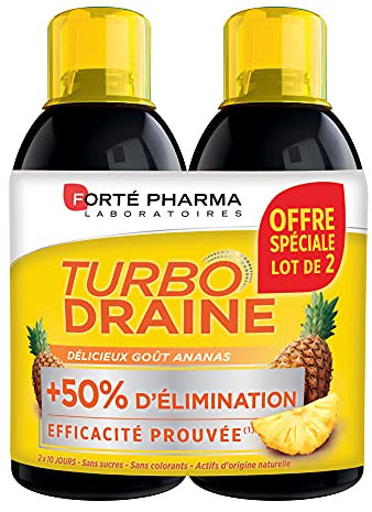 Forté Pharma - TurboDraine Ananas | Complément Alimentaire à base de Thé vert et Reine des prés - Elimination, Drainage, Brûle-graisse | Lot de 2 x 500 ml