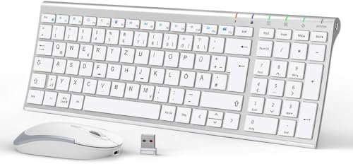 Tastatur Maus Set Kabellos, iClever Kabellose Tastatur und Maus, Wiederaufladbare, Deutsche QWERTZ Layout Funktastatur für Computer/Desktop/PC/Laptop/Windows 10/8/7, Weiß und Silber