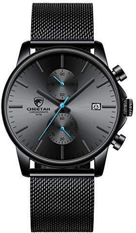 GOLDEN HOUR Men’s Watch Fashion Sport Quartz Analog Mesh Stainless Steel Waterproof Chronograph Watches, Auto Date in Blue Hands, Color: Black