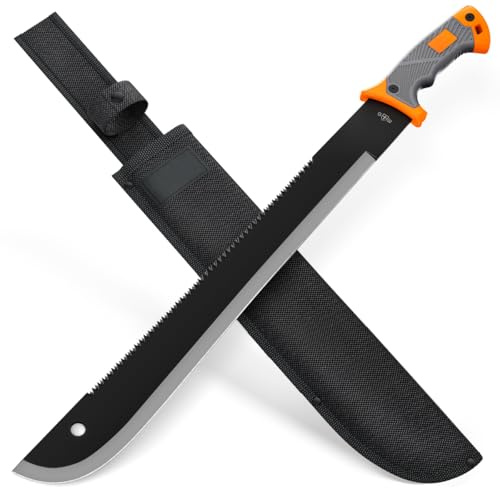 Machete with Saw 25 / 19 Heavy Duty Tool & Sheath - Ergonomic No-Slip Handle - Survival Knife with Serrated Blade - Machetes for Bushcraft Hunting Garden Cutting Trees and Yard Work