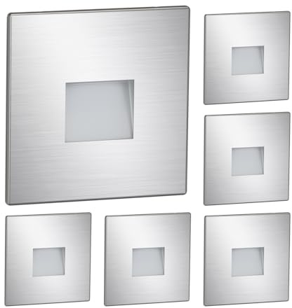 ledscom.de 6x LED-trappbelysning/vägginfälld belysning FOW för inomhus- och utomhusbruk, downlight, fyrkantig, rostfritt stål, 85 x 85 mm, kallvitt