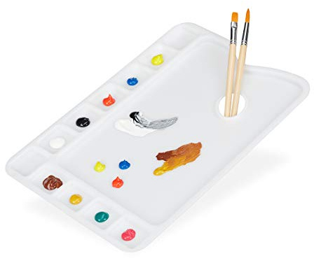Relaxdays Paleta Pintura con Orificio Pulgar, Mezclar Acrílico, Óleo, Acuarela, 11 Huecos, Plástico, 33,5x23 cm, Blanco
