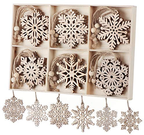 Homewit Holz-Anhänger Schneeflocken Baumschmuck, 18 Stück Weihnachtsanhänger Holz Weihnachts-Anhänger Hängeornamente Weihnachtsbaumschmuck mit Juteseil für Christbaumanhänger - 7cm