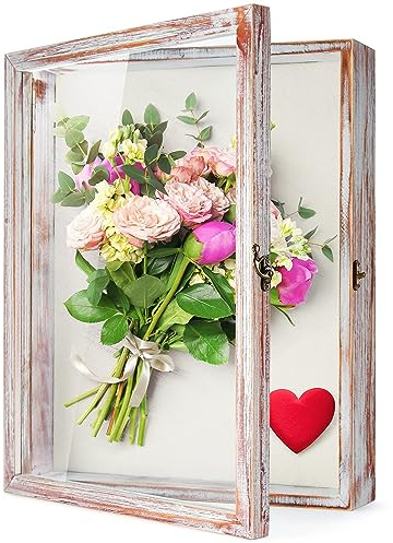 TJ.MOREE Scatola per ombre, con cornice grande per fiori, 33 x 40 cm, vintage, con finestra in vetro, porta di campagna, cornice profonda, bouquet di nozze, memorabilia, foto, ricordo – bianco rosa