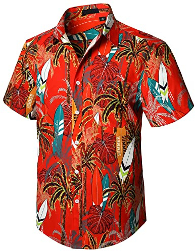 Enlision Camicia Hawaiana Estiva Manica Corta Uomo Fantasia Hawaiane Palme Camicia per Uomo Estiva con Tasca Frontale da Estate Matrimonio Hippie Rosso M