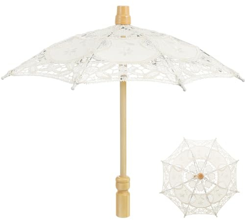 TOYANDONA White Wedding Parasol Umbrella, Lace Cotton Umbrella with Wooden Handle Crafted Flowers Embroidery Bridal Umbrellas for Weddings Photo Props Lady Costume