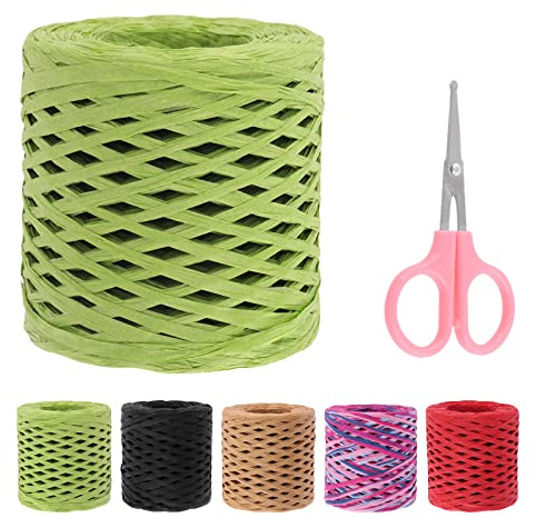 Swpeet Beautifu - 1 rotolo di nastro di rafia verde da 200 m, con forbici, kit assortito, corda di rafia naturale, spago di carta da imballaggio, per regali, forniture fai da te, decorazioni per mazzi