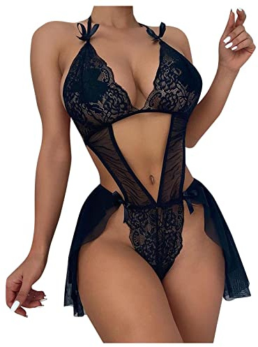 ROSVAJFY Babydoll Lingerie Halter Sexy Dentelle pour Femme, Teddy sous-Vêtement Une Pièce Coquine Hot, Nuisette Chemise de Nuit Transparent Maille Col en V Patchwork Noir S-XL (M)