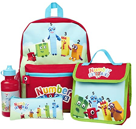 Numberblocks Kids Backpack 4 Piece School Set Including Lunch Bag, Water Bottle and Pencil Case