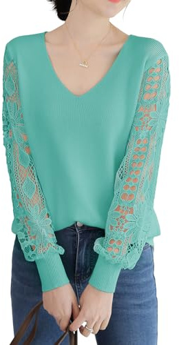 Qin Derdom Maglione in Pizzo da Donna - Elegante Pullover con Scollo a V e Occhielli all'Uncinetto, Manica Lunga, Maglia Leggera Traforata
