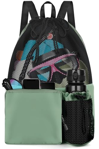 BROTOU Drawstring Mesh Swimming Bag, 30 Litre Water Sports Backpack with Wet/Dry Pocket, Multifunctional Sports Bag for Kids, Adults, Swimming, Surfing, Beach, Travel (C, Green)