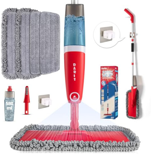Mopa en Aerosol para Limpieza de Suelos con 4 Almohadillas Lavables, mopa de Microfibra húmeda y Seca con Botella Recargable de 580 ml para casa, Cocina, Suelos de Madera, laminados, Azulejos de