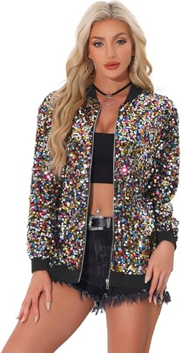 Allegra K Giacche Lucide da Donna con Paillettes Giacca Bomber a Maniche Lunghe Blazer con Cerniera da Festa Multicolore S