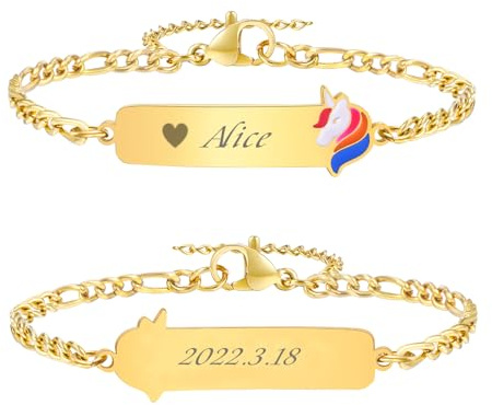 VNOX Pulseras Identificativas Niños Pulsera Personalizadas: Pulsera Infantil Chapada en Oro de 18K Grabado de Nombre y Número Regalos Comunion Niña Niño(Unicornio)