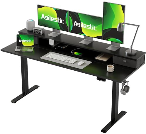 Agilestic Electric Adjustable Height Desk with 2 Drawers, 160 x 60 cm, Stable Sit-Stand Desk with Memory Control, Ergonomic Computer Desk, Black