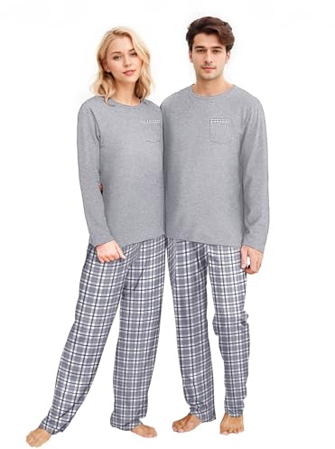 Lufebut Pijamas a Juego Navidad Pareja Invierno Conjunto Pijama de Navideños para Parejas Mangas Largas Ropa de Dormir de Camiseta y Pantalones Gris Mujer M