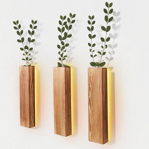 Btstil 3 jarrones de pared de madera, macetas de pared para decoración del hogar, macetas colgantes de madera para flores secas y plantas verdes artificiales (3 unidades con luces LED)