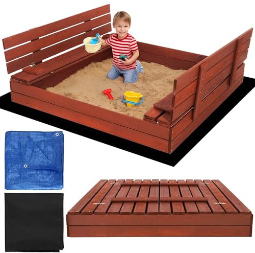 Sabbiera con coperchio, 140 cm, sabbiera in legno con panca e coperchio, resistente alle intemperie e impregnata, per bambini, in legno certificato FSC SPRINGOS