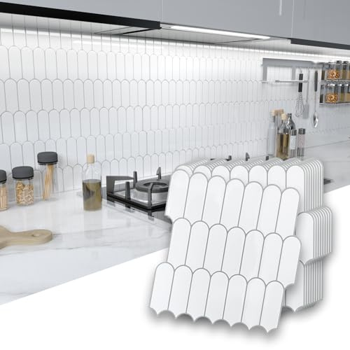 ZRJT 10 Sheet White Peel and Stick Backsplash Tile, 12” x 12” Self Adhesive Glossy Vinyl Wall Tiles Waterproof No Residual for Kitchen Bathroom Fireplace, White with Gray Grout